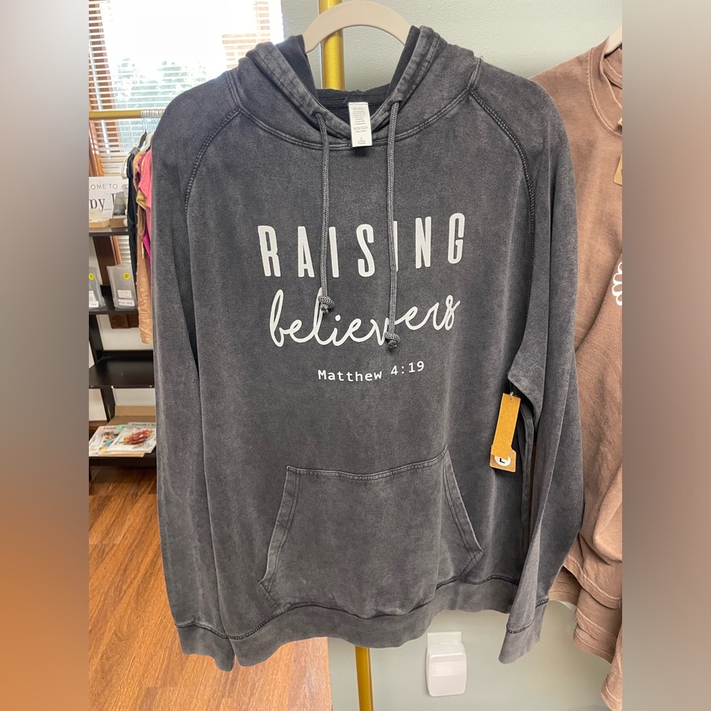 Raising believers hoodie.  Matthew 4:19. Sz large • vintage wash• vintage black